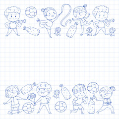 Children and sport. Vector illustration of activities. Football, soccer, running, dancing, martial arts. Health care in school and kindergarten.