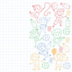Children and sport. Vector illustration of activities. Football, soccer, running, dancing, martial arts. Health care in school and kindergarten.