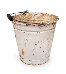 Used, time-worn, rusty bucket with wooden handle. Isolated on white background with natural shadow. With clipping path. Old rusty pail. With vector path. Studio shot.
