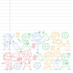 Children and sport. Vector illustration of activities. Football, soccer, running, dancing, martial arts. Health care in school and kindergarten.