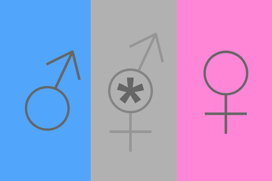 Genderstern: gendergerechte Schriftsprache: m&auml;nnlich, weiblich, divers Zeichen auf farbigem Hintergrund