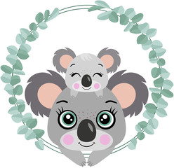 Mum koala with her baby on head peeking out of eucalyptus leaves frame © soniagoncalves