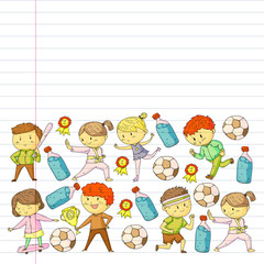 Children and sport. Vector illustration of activities. Football, soccer, running, dancing, martial arts. Health care in school and kindergarten.