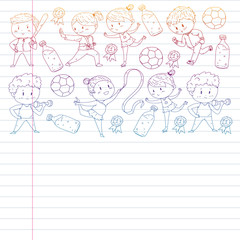 Children and sport. Vector illustration of activities. Football, soccer, running, dancing, martial arts. Health care in school and kindergarten.