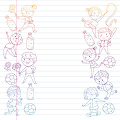 Children and sport. Vector illustration of activities. Football, soccer, running, dancing, martial arts. Health care in school and kindergarten.