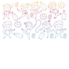 Children and sport. Vector illustration of activities. Football, soccer, running, dancing, martial arts. Health care in school and kindergarten.