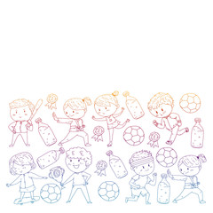 Children and sport. Vector illustration of activities. Football, soccer, running, dancing, martial arts. Health care in school and kindergarten.