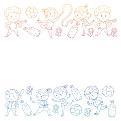 Children and sport. Vector illustration of activities. Football, soccer, running, dancing, martial arts. Health care in school and kindergarten.