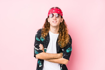 Young hippie caucasian man isolated laughing and having fun.