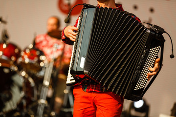 Male playing on the accordion against a grunge background