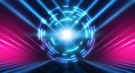 Dark abstract futuristic background. The geometric shape of the cyber circle in the middle of the scene. Neon blue-pink rays of light on a dark background
