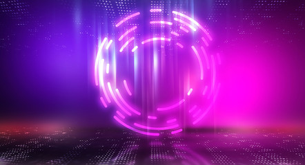 Dark abstract futuristic background. The geometric shape of the cyber circle in the middle of the scene. Neon blue-pink rays of light on a dark background