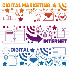 Digital marketing pattern with vector icons. Management, start up, business, internet technology.