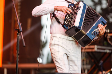 Male playing on the accordion against a grunge background