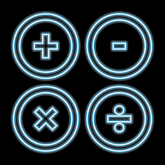 Fototapeta premium Math neon icons. Blue neon vector icon.Web button with math symbols. Round shapes on dark background. 10 eps
