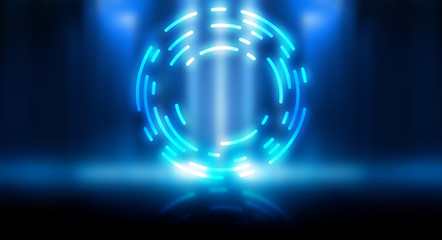 Dark abstract futuristic background. The geometric shape of the cyber circle in the middle of the scene. Neon blue-pink rays of light on a dark background