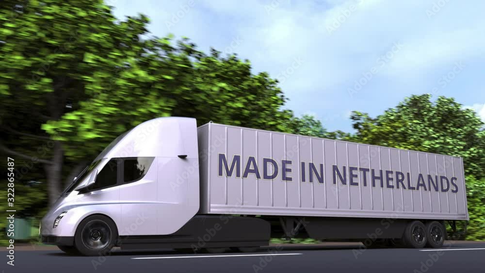 Aufkleber trailer truck with made in netherlands text on the side. dutch import or export related loopable 3d 