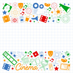 Vector pattern with cinema icons. Movie Theater, TV, popcorn, video clips, musical