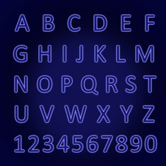 Glowing neon alphabet with letters from A to Z and numbers from 1 to 0. Trend color 2020 -  blue.