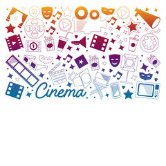 Vector pattern with cinema icons. Movie Theater, TV, popcorn, video clips, musical