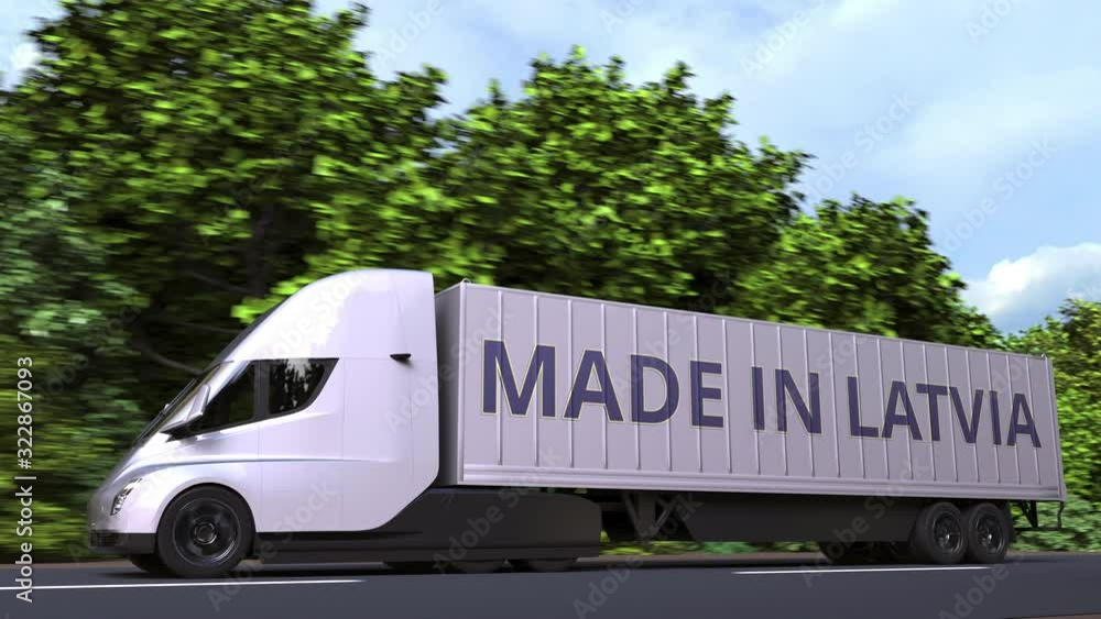 Aufkleber trailer truck with made in latvia text on the side. latvian import or export related loopable 3d ani