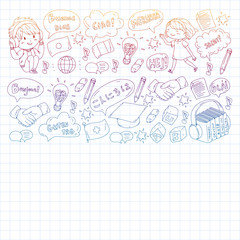 Dialog clouds with HELLO Vector pattern for language class, online courses. English, arabic, italian, japanese, spanish, chinese, german.