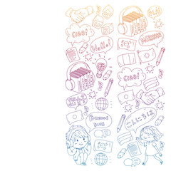 Dialog clouds with HELLO Vector pattern for language class, online courses. English, arabic, italian, japanese, spanish, chinese, german.