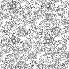 Vector seamless pattern of detailed, realistic, various outline flower buds, in black color, on white background