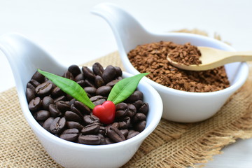 Coffee beans, accompanied by processed coffee powder