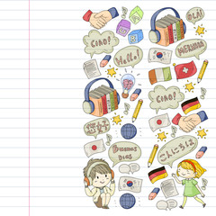 Dialog clouds with HELLO Vector pattern for language class, online courses. English, arabic, italian, japanese, spanish, chinese, german.