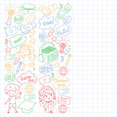 Dialog clouds with HELLO Vector pattern for language class, online courses. English, arabic, italian, japanese, spanish, chinese, german.