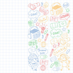 Dialog clouds with HELLO Vector pattern for language class, online courses. English, arabic, italian, japanese, spanish, chinese, german.