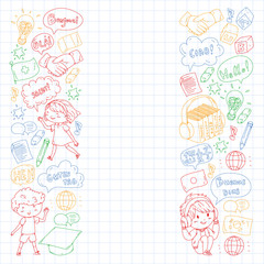 Dialog clouds with HELLO Vector pattern for language class, online courses. English, arabic, italian, japanese, spanish, chinese, german.