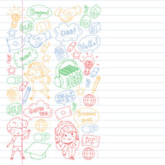 Dialog clouds with HELLO Vector pattern for language class, online courses. English, arabic, italian, japanese, spanish, chinese, german.