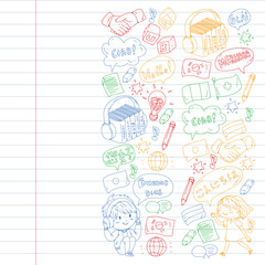 Dialog clouds with HELLO Vector pattern for language class, online courses. English, arabic, italian, japanese, spanish, chinese, german.