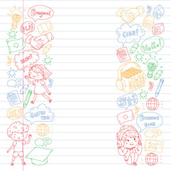 Dialog clouds with HELLO Vector pattern for language class, online courses. English, arabic, italian, japanese, spanish, chinese, german.