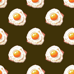 Seamless pattern with watercolor hand drawn illustrations of fried eggs on brown background