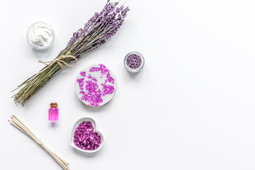 Fototapeta na wymiar natural herb cosmetic with lavender flatlay on white background top view mockup