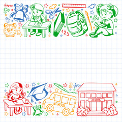 Fototapeta premium Back to School. Vector pattern with icons and children.