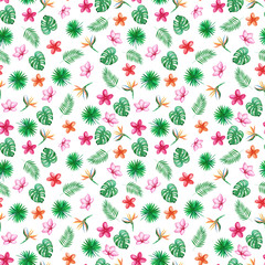 Watercolor  green palm leaves on a white background.  Orchid, Plumeria, Heliconia Flowers. Seamless pattern. Hand illustration.