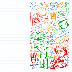 Back to School. Vector pattern with icons and children.