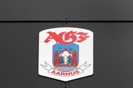 Aarhus, Denmark - May 10, 2018: Aarhus AGF logo on a wall. Aarhus AGF is a professional Danish football club playing currently in superliga