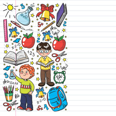 Back to School. Vector pattern with icons and children.