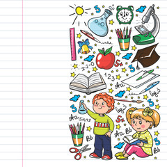 Back to School. Vector pattern with icons and children.