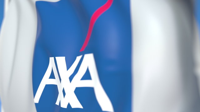 Waving flag with AXA logo, close-up. Editorial 3D rendering