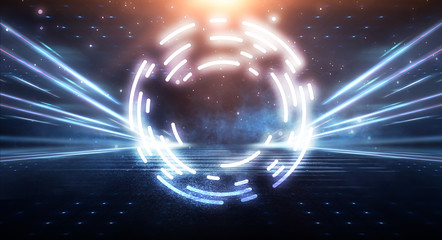 Dark futuristic scene with a geometric figure cyber circle in the center. Neon abstract background, futuristic landscape.