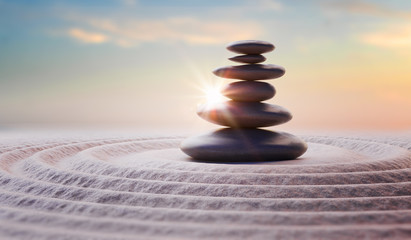 Zen-like balanced stones in stack. Harmony and meditation concep - obrazy, fototapety, plakaty