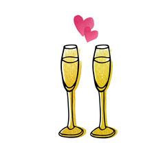 Two glasses of champagne and two hearts. Watercolor  and doodle hand drawn illustration isolated on white background. Romantic date concept.