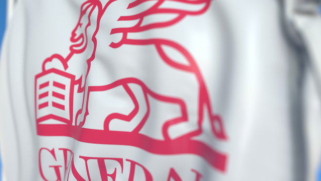 Waving flag with Assicurazioni Generali S.p.A. logo, close-up. Editorial 3D rendering