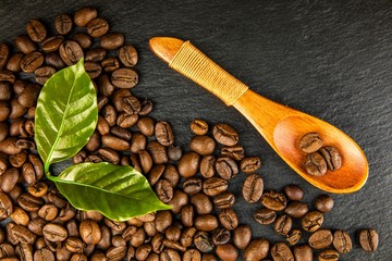 Coffee beans on slate plate. Growing coffee. Fresh coffee beans. Traditional hot drink. Fair trade.